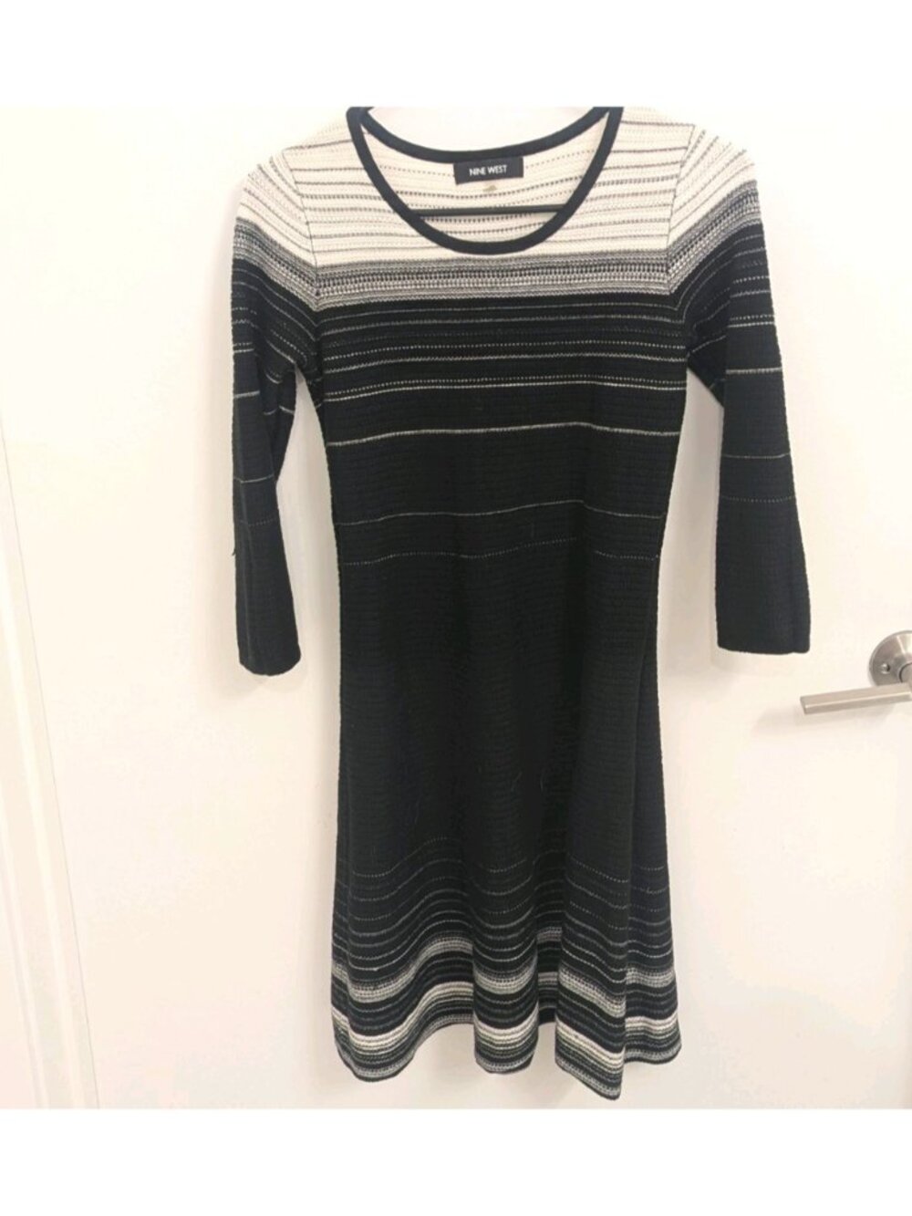 Nine West Sweater Dress Black & White 3/4 Sleeve Knit Fit Flare XS